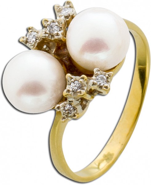 Ring – Perlenring Antik Gelbgold Weißgold 585 japanische Akoyazuchtperle 6 Brillanten 0,06ct TW/VSI
