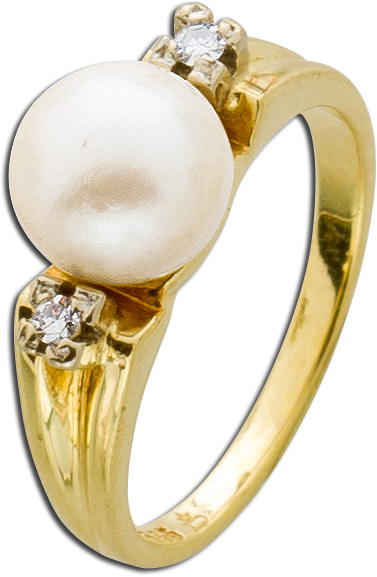 Ring – Goldring Antik Gelbgold 585 japanische Akoyazuchtperle 2 Diamanten 8/8 W/SI