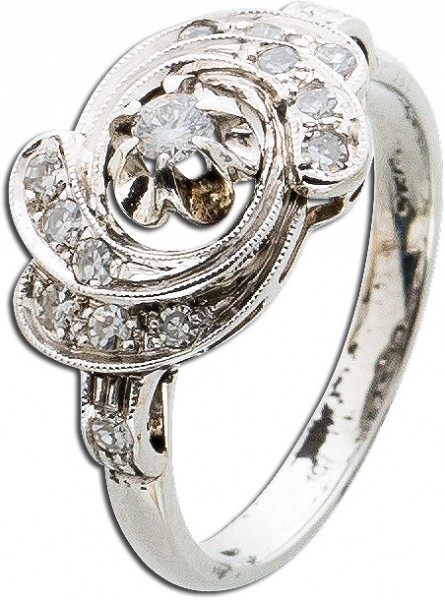 Ring – Diamantring Antik Art decó Weißgold 750 14 Diamanten 8/8 W/P 1 Brillant W/SI Total 0,19ct