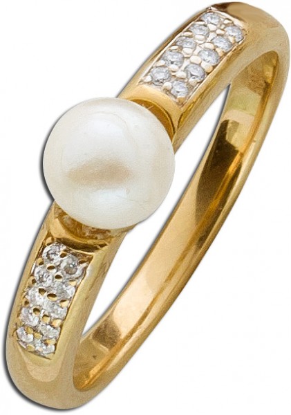 Ring – Perlenring Gelbgold 585 japanische Akoyazuchtperle 20 Brillanten 0,20ct W/SI