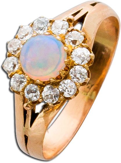 Ring – Edelsteinring Antik Roségold 585 Opal 13 Diamanten 0,50ct W/SI