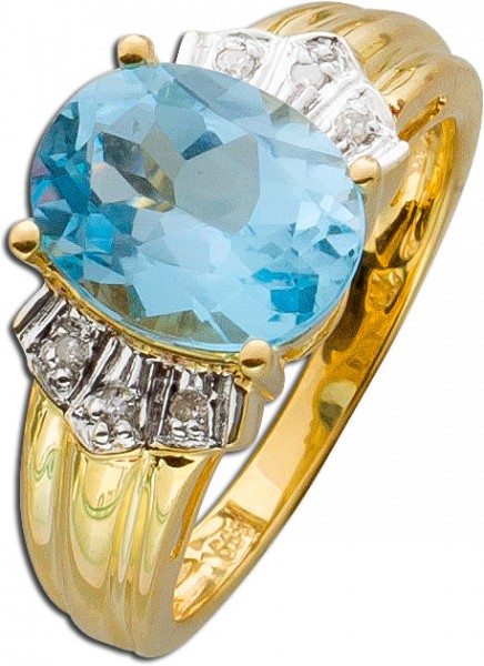 Ring – Edelsteinring Gelbgold 585 Blautopas 6 Diamanten 8/8 W/P