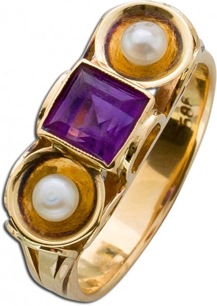 Ring – Goldring Antik Gelbgold 585 Amethyst 2 Seeperlen