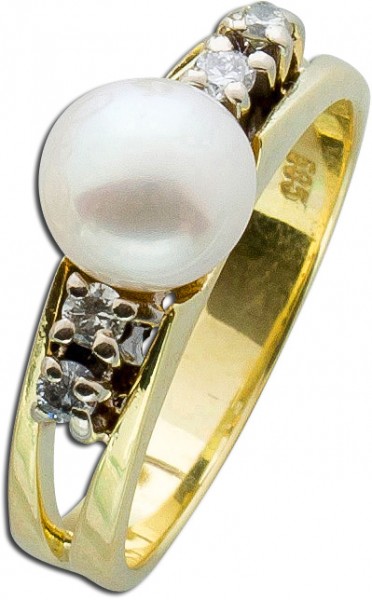 Ring – Perlenring Gelbgold 585 japanische Akoyazuchtperle 4 Brillanten 0,06ct TW/VSI
