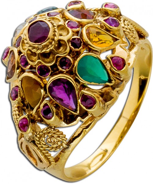 Thailändischer Prinzessinnen Ring Edelstein um 1900 Gelbgold 750 poliert Rubin Smaragd Granat Citrin Topas Tigerauge