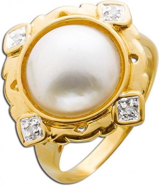 Mabeperlenring Gelbgold 585 Diamanten Antik 80er Jahre 0,04ct 8/8 WP