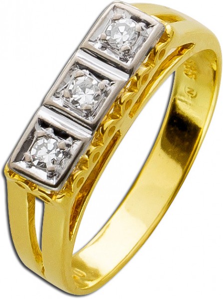 Diamantring Gelbgold 585 Antik 30er Jahren 3 Diamanten 0,05ct 8/8 W/SI poliert