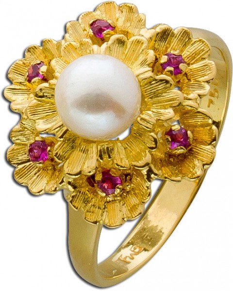 Ring Antik Gelbgold 750 japanische Akoya Perle Rubine