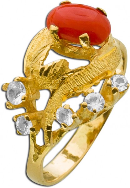 Edelsteinring Gelbgold 750 Antik 50er Jahre Koralle Cabochon Zirkonia