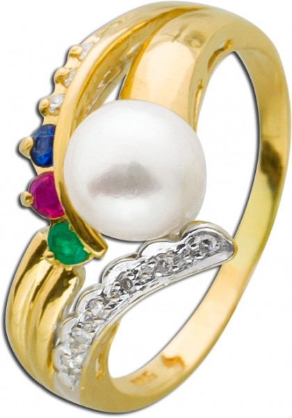 Ring Perlenring Gelbgold 585 Akoyazuchtperle Smaragd Rubin Saphir 9 Diamanten 0,09ct 8/8 W/P