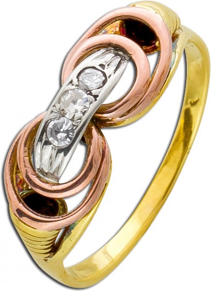 Ring – Diamantring Antik um 1920 Tricolor Gelbgold Rosegold Weißgold 585 3 Diamanten 8/8 W/SI