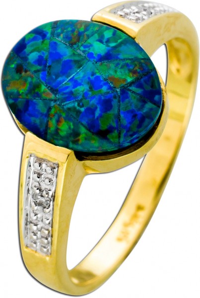 Ring Edelsteinring Gelbgold Weißgold 585 zusammengesetzter Opal Diamanten 8/8 W/P Antik 80er Jahre
