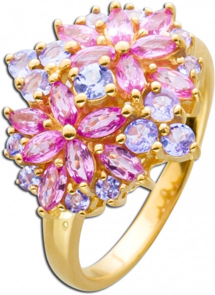 Ring – Edelsteinring rosafarbenen und violetten Spinellen Blüte Gelbgold 585