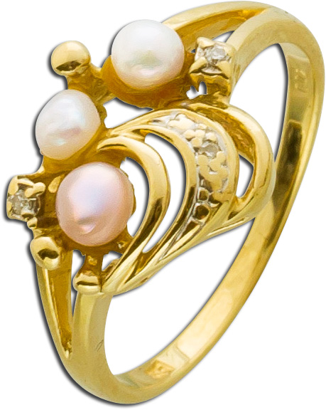 Ring – Perlenring Gelbgold 585 3 Süßwasserzuchtperlen 3 Diamanten 8/8 W/P