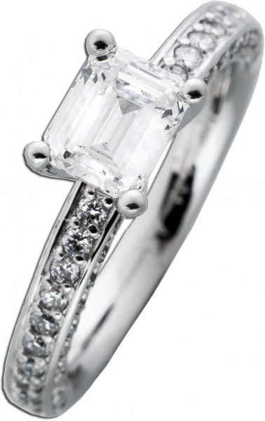 Diamantring Emerald Cut – Memoire Ring Weißgold 750 1 Carat F / VSI GIA zertifiziert und 66 Brillanten 0,67ct TW / VSI