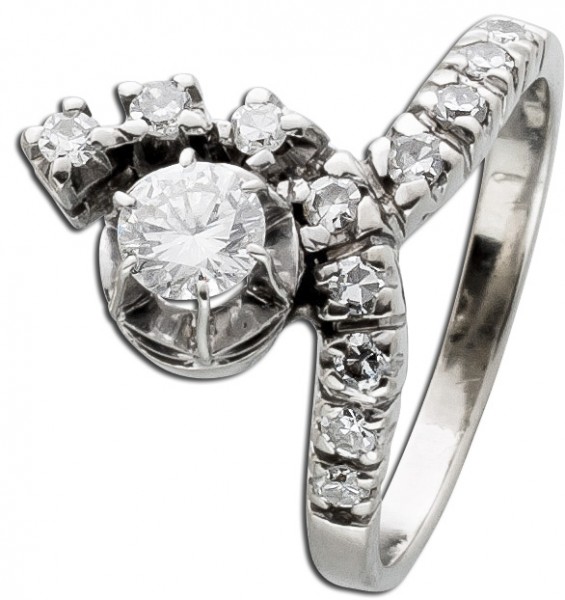 Antiker Ring Weissgold 750 Brillant 0,42ct 12 Diamanten Total 0,78ct TW/VVS feinste Goldschmiedemeisterleistung 50er Jahre