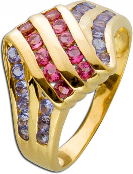 Ring Gelbgold 585 pinkfarbene Turmaline purple Iolite Spannfassung
