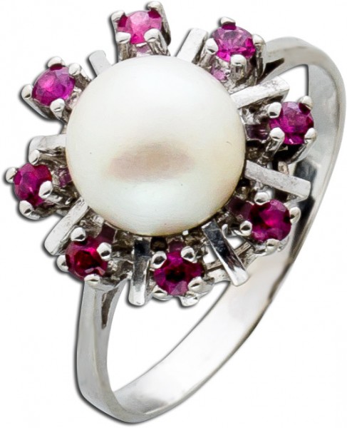Antiker Ring Rubin Perle Weißgold 585 60er Jahre Lady Di Stil