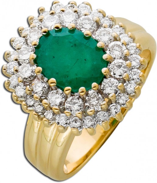 Antiker Lady Di Ring Gelbgold Weißgold 585  grüner Smaragd 42 Brillanten