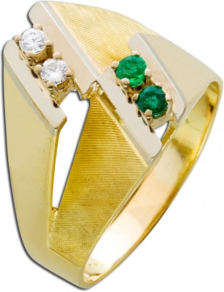 Antiker Ring Gelbgold 585 2 grüne Smaragde 2 Brillanten