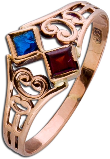 Antiker Ring um 1900 Gelbgold 333 8 Karat carreeförmig roter Granat  blauer Saphir