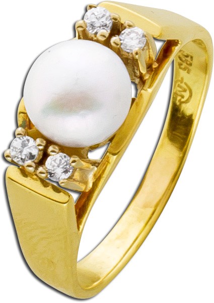 Antiker Perlenring Gelbgold 585 japanische Akoazuchtperle rose Perlenlustre Brillanten 60er Jahre Top