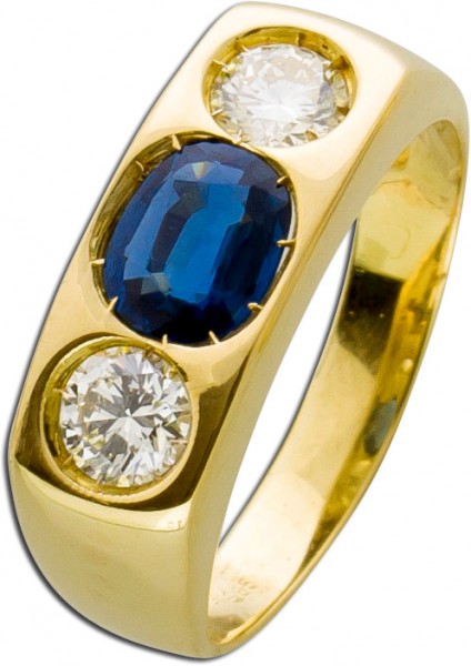 Antiker Ring 70er Jahre Gelbgold 585 blauer Saphir 0,90ct und 2 Brill 0,70ct mit IGI Zertifikat