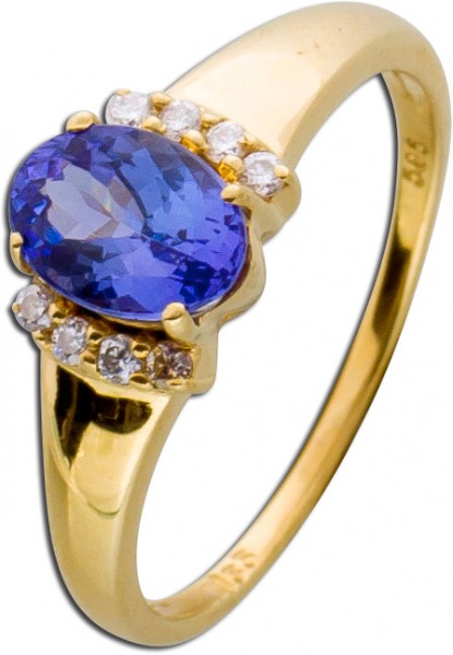 Ring Gelbgold 585 Tansanit blau violett 8 Brillanten Einzelstück