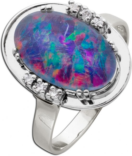 Ring Antik Weissgold 585 Opal Dublette Edelstein floureszierend 6 Diamanten 50er Jahre Top