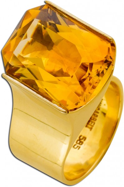 Citrinring Gelbgold 585 Citrin cognacfarben 10,00 Carat rechteckig facettierter Schliff