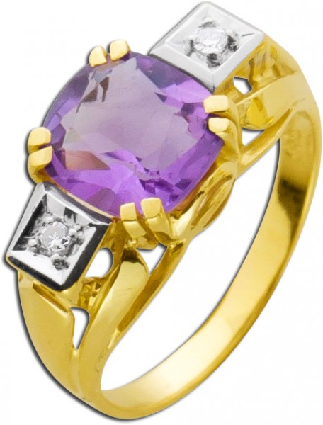 Ring Antik 20er Jahre Gelbgold 585 Amethyst  Diamanten 8/8 W/SI zusammen 0,02ct