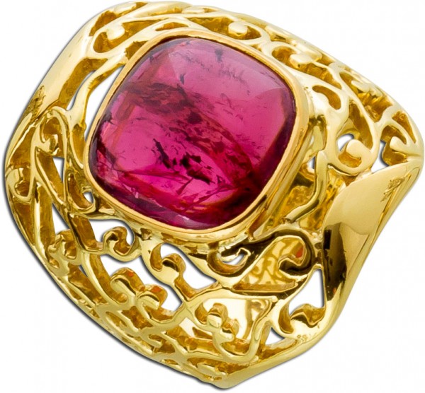 Antiker Ring Gelbgold 585 pinkfarbener Rubelith Cabochon Damenring