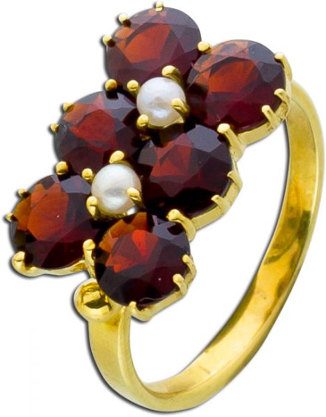 Granat Ring Antik Flussperlen facettierte rote Granatedelsteine Gelb Gold 585