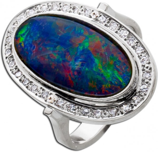 Antiker Ring Weißgold 585 Opal Doublette blau violett grün Brillanten