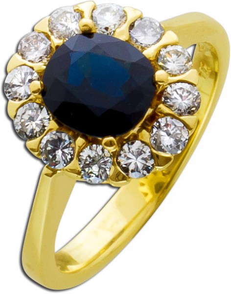 Brillantring Gold 585 Ring Brillant Edelstein blau oval Saphir Diamanten Lady Di Look