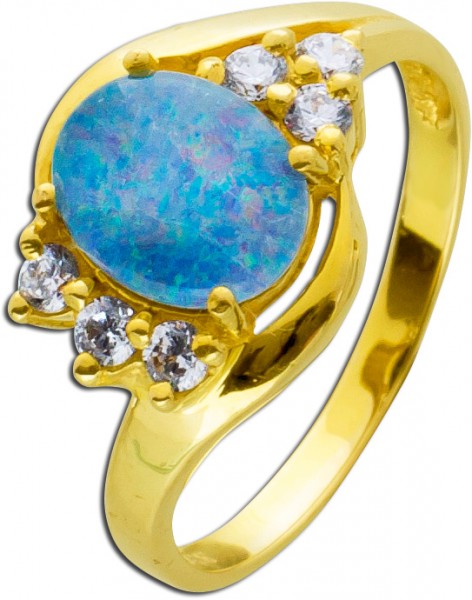 Ring Gold 333 Edelstein blau grün Opal Doublette weiße Zirkonia Goldschmuck