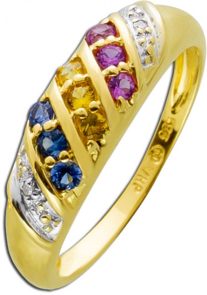 Saphir Ring Gold 585 Diamanten Edelsteine bunte blaue gelbe pinke Saphire rund