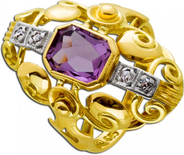 Edelstein lila Ring Gold 585 Diamanten Amethyst rechteckig Goldring antik