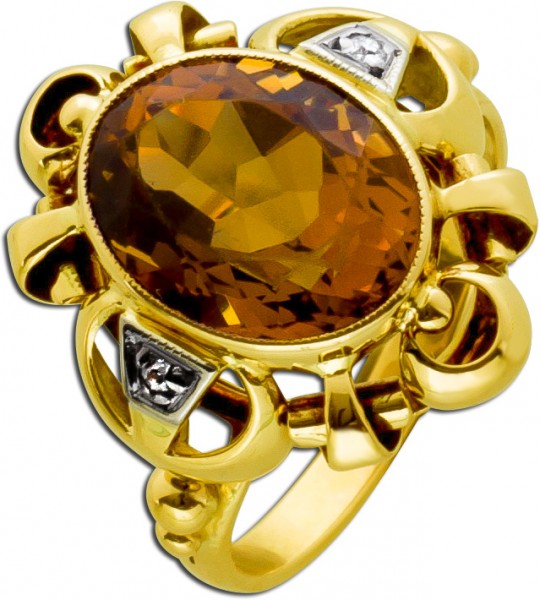 Citrin Ring Gold 585 Diamanten Edelstein orange braun antik Goldschmuck