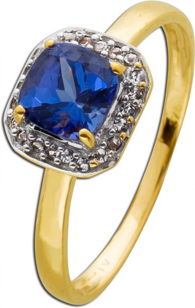 Gold Ring Edelstein blau violett Tansanit Gelbgold 333 Diamanten Cushion Cut