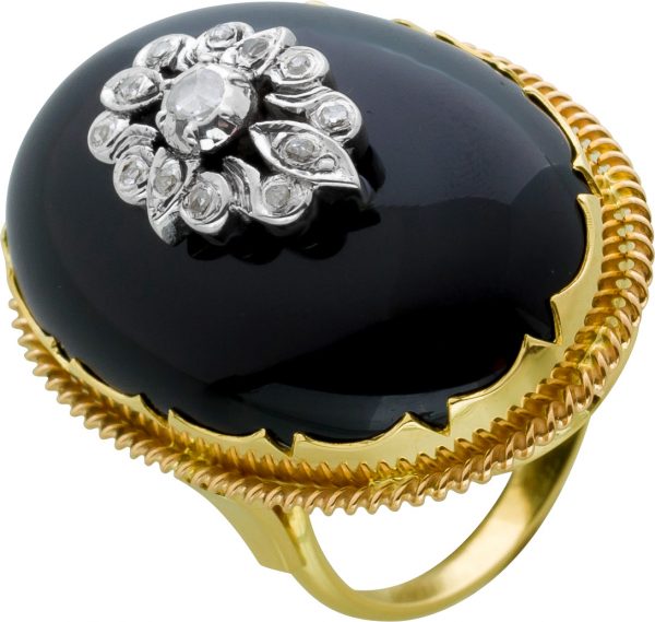 Antiker Onyx Ring Gelbgold 585/-mit schwarzer Edelstein Cabochon Diamant Rosen 0,70ct  W/P1