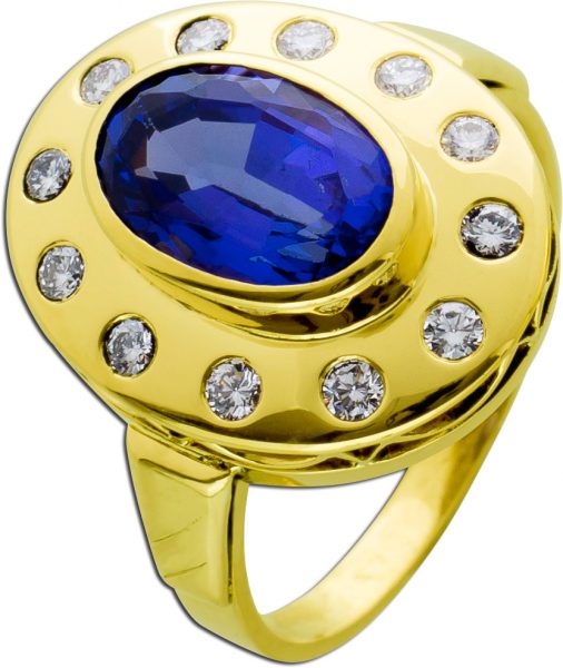 Antiker Tansanit Edelstein Ring Gelbgold 750 lila Tansanit 5ct Brillant Diamant 0,50ct TW/VSI 90er Jahre IGI Zertifikat