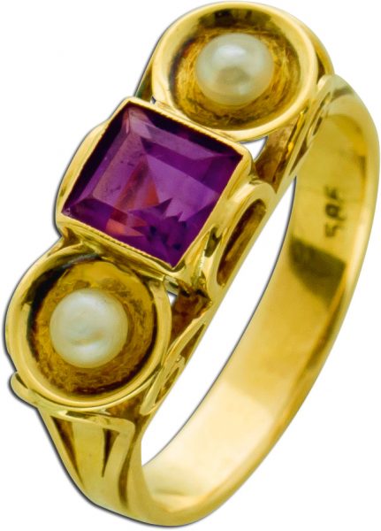 Antiker Amethyst Perlen Ring Gelbgold 585 violetter Edelstein Seeperlen um 1890