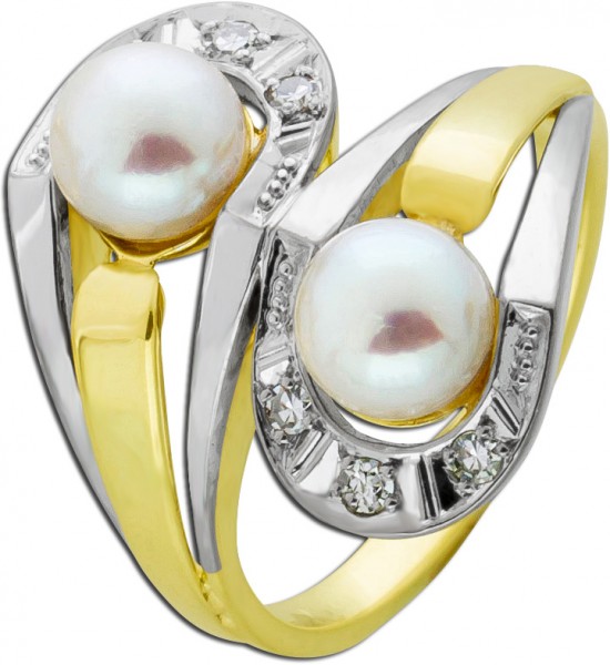 Antiker Akoyazucht Perlen Ring Gelb/Weissgold 585/- Diamant Brillant 0,06ct TW/VSI
