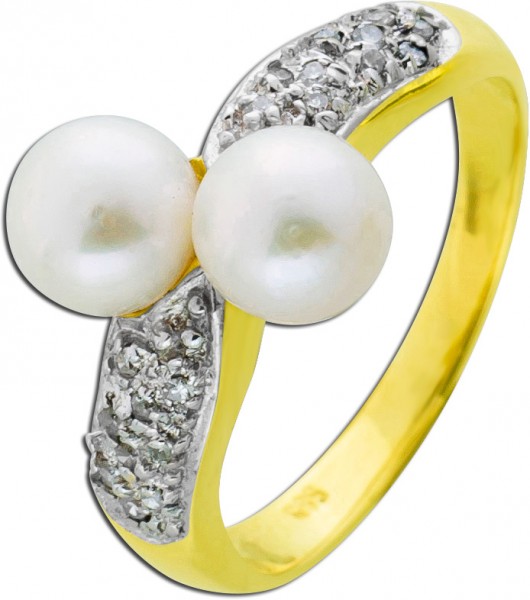 Perlen Ring Gelb/ Weissgold 585 jap. Akoyaperlen Diamanten 8/8 W/P 0,20 Carat Damen