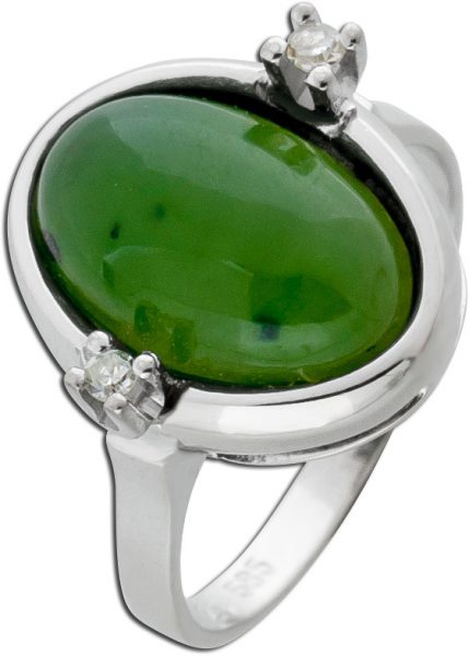 Antiker Edelstein Ring Weissgold 585 grüner Jade Diamanten 0,02ct W/P1 50-er Jahre