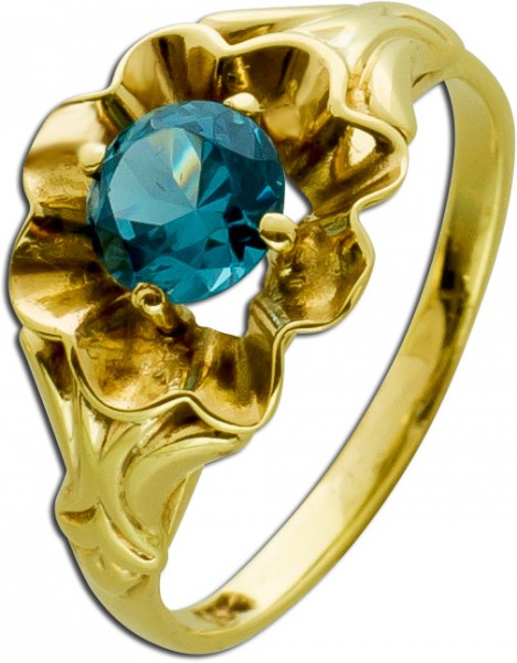 Blütenförmiger Aquamarinring blau antik um 1900 Gelbgold 333  Edelsteinschmuck