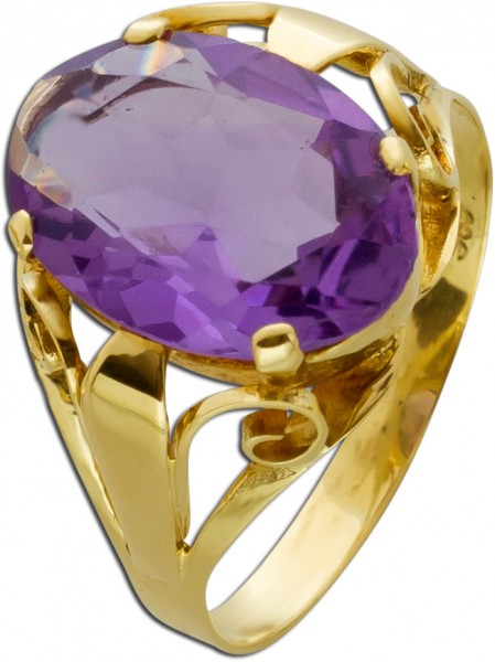 Antiker Edelstein Ring  Gelbgold 585/- um 1900 ovaler violetter Amethyst Krappen Fassung