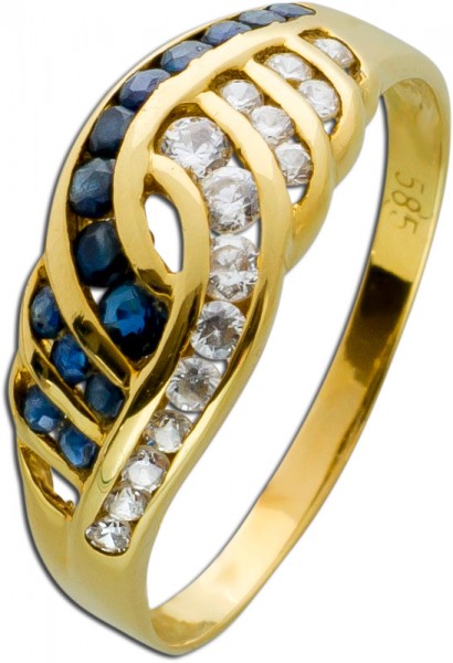 Blauer Saphir Ring Antik Gelbgold 585/- weißen Zirkonia 80er Jahren Edelsteinschmuck