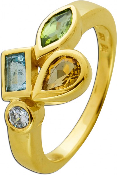 Edelstein Ring Gelbgold333/- 8kt Navette Peridot,grün, Citrin,orange, Blautopas,blau , Zirkonia, Gr. 18,5mm